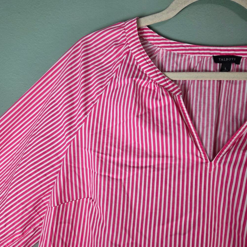 Talbots Womens Pink White Butterfly Stripe Smocked Cuff Raglan Popover Blouse L - Picture 5 of 5